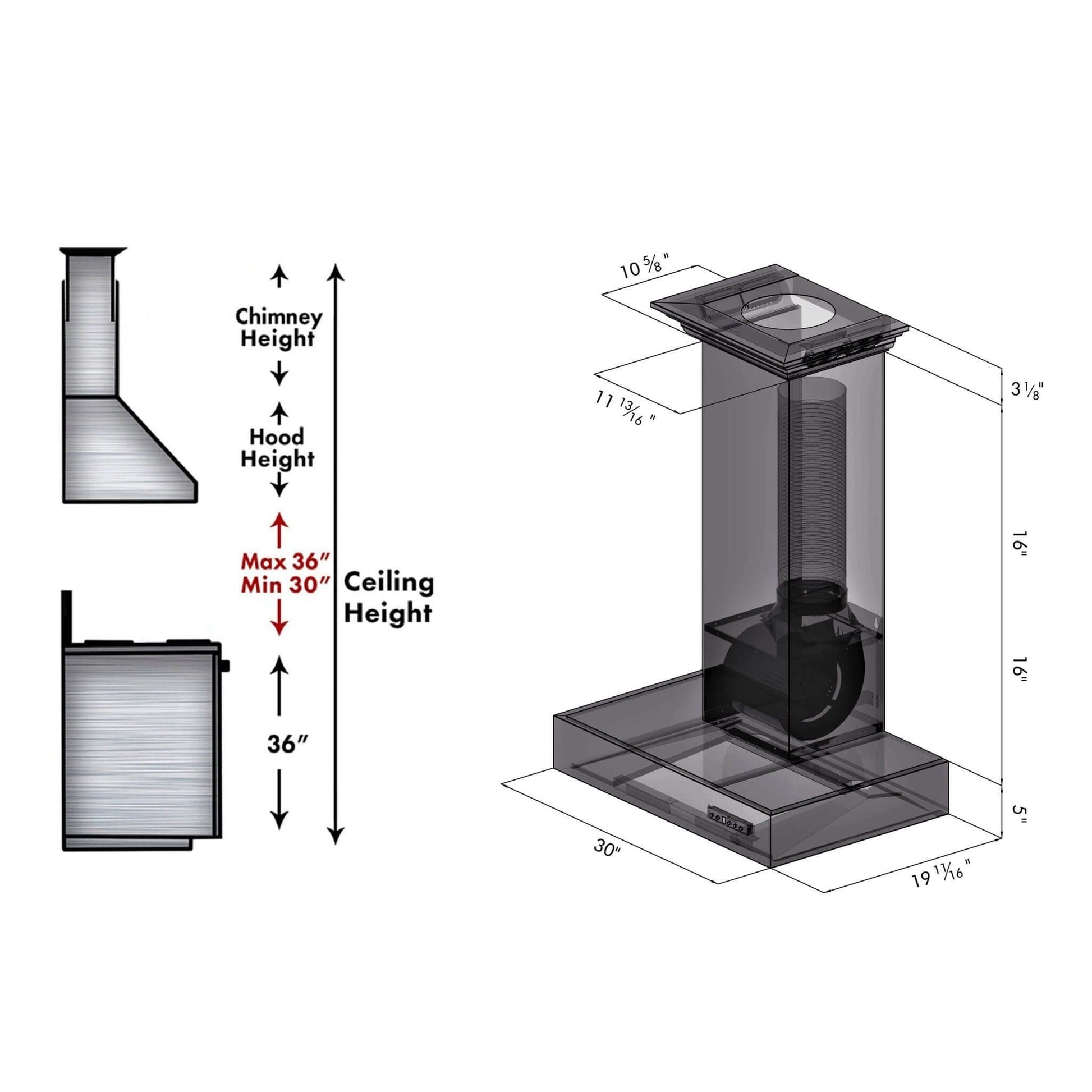 ZLINE 30 in. Professional Wall Mount Range Hood In Stainless Steel With Crown Molding (KECOMCRN-30) chimney height guide.