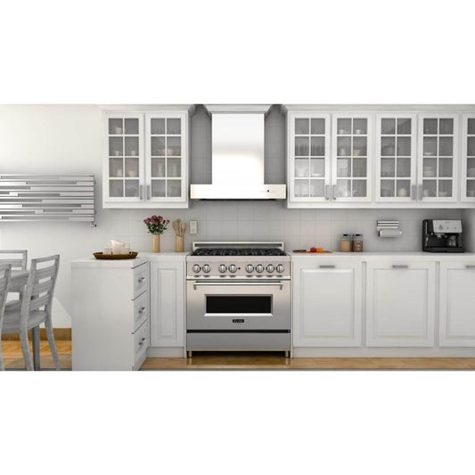 ZLINE 30 in. Professional Wall Mount Range Hood In Stainless Steel With Crown Molding (KECOMCRN-30) lifestyle image in a cottage-kitchen.