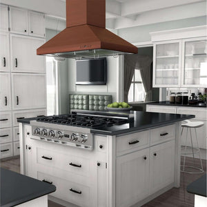 ZLINE 36 in. Designer Series Copper Island Mount Range Hood (8KL3iC-36) rendering in a modern kitchen.