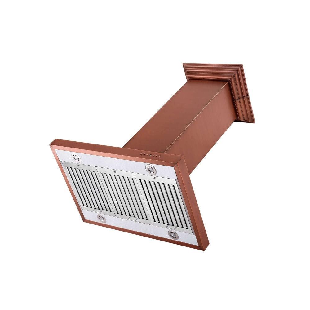 ZLINE 36 in. Designer Series Copper Island Mount Range Hood (8KL3iC-36) under view of LED lighting and baffle filters.