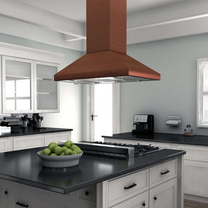 ZLINE 36 in. Designer Series Copper Island Mount Range Hood (8KL3iC-36) rendering in a modern kitchen wide angle.