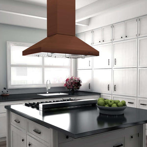 ZLINE 36 in. Designer Series Copper Island Mount Range Hood (8KL3iC-36) rendering in a modern kitchen opposite angle.