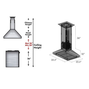 ZLINE 36 in. Designer Series Copper Island Mount Range Hood (8KL3iC-36) chimney height guide and dimensional measurements.