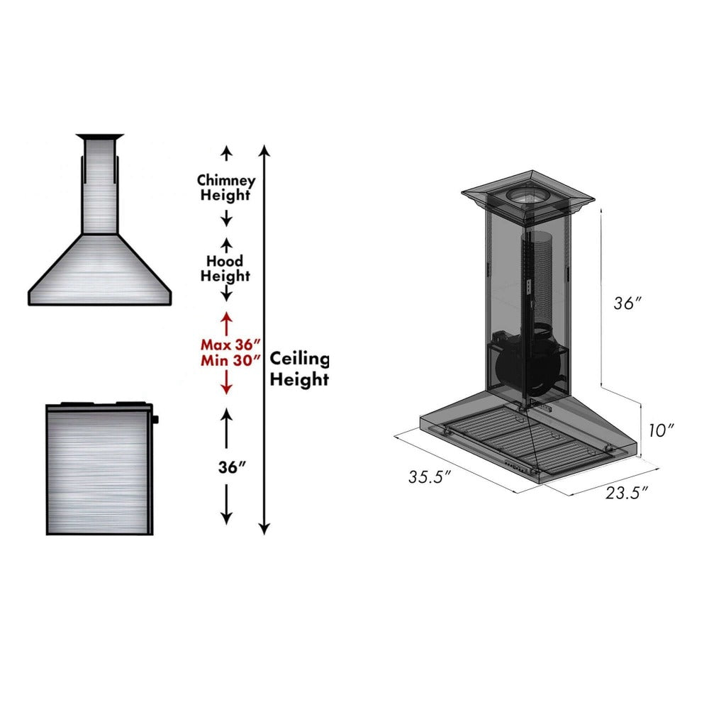 ZLINE 36 in. Designer Series Oil-Rubbed Bronze Island Mount Range Hood (8KL3iB-36) chimney height guide and dimensional measurements.