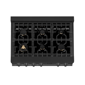 6-burner gas cooktop with brass burners and black porcelain finish.
