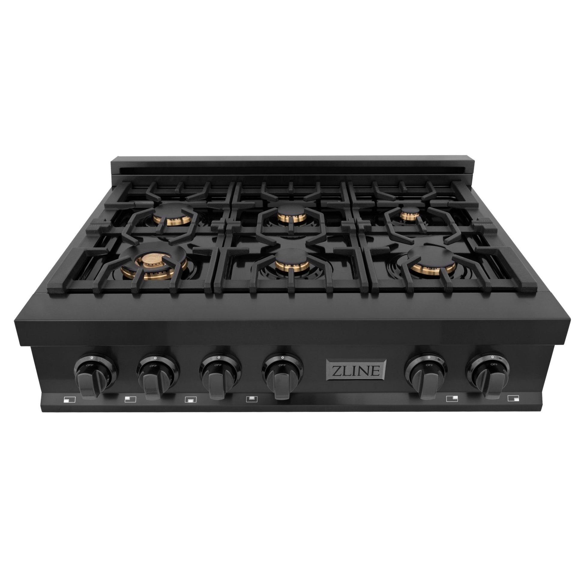 ZLINE 36 in. Porcelain Gas Stovetop in Black Stainless with 6 Gas Brass Burners (RTB-BR-36) front above showing brass burners and black cooktop.