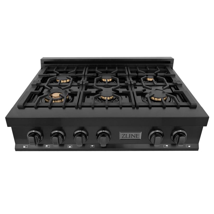 ZLINE 36" Black Stainless Gas Rangetop with 6 Brass Burners (RTBBR36