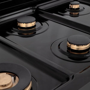 ZLINE 36 in. Legacy Gas Rangetop with 6 Brass Burners and Porcelain Cooktop in Black Stainless Steel (RTB-BR-36) close-up, brass burners and black porcelain cooktop.