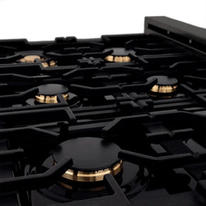 ZLINE 36 in. Legacy Gas Rangetop with 6 Brass Burners and Porcelain Cooktop in Black Stainless Steel (RTB-BR-36) close-up, brass burners and cast-iron grates.