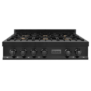 ZLINE 36 in. Legacy Gas Rangetop with 6 Brass Burners and Porcelain Cooktop in Black Stainless Steel (RTB-BR-36) front.