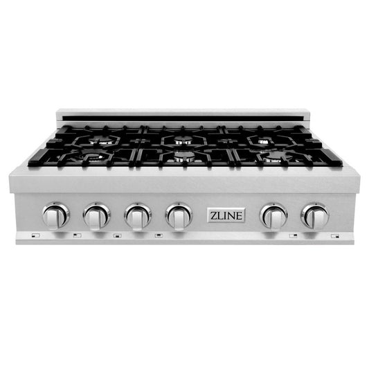 ZLINE 36 in. Porcelain Rangetop in DuraSnow® Stainless Steel with 6 Gas Burners (RTS-36) front.