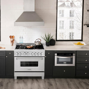 ZLINE 36 in. Professional Dual Fuel Range in Fingerprint Resistant DuraSnow Stainless Steel (RAS-SN-36) in luxury apartment kitchen with matching ZLINE Range Hood and Microwave