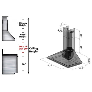 ZLINE 36 in. Convertible Vent Wall Mount Range Hood in Stainless Steel (KF-36) chimney height guide and dimensional measurements.