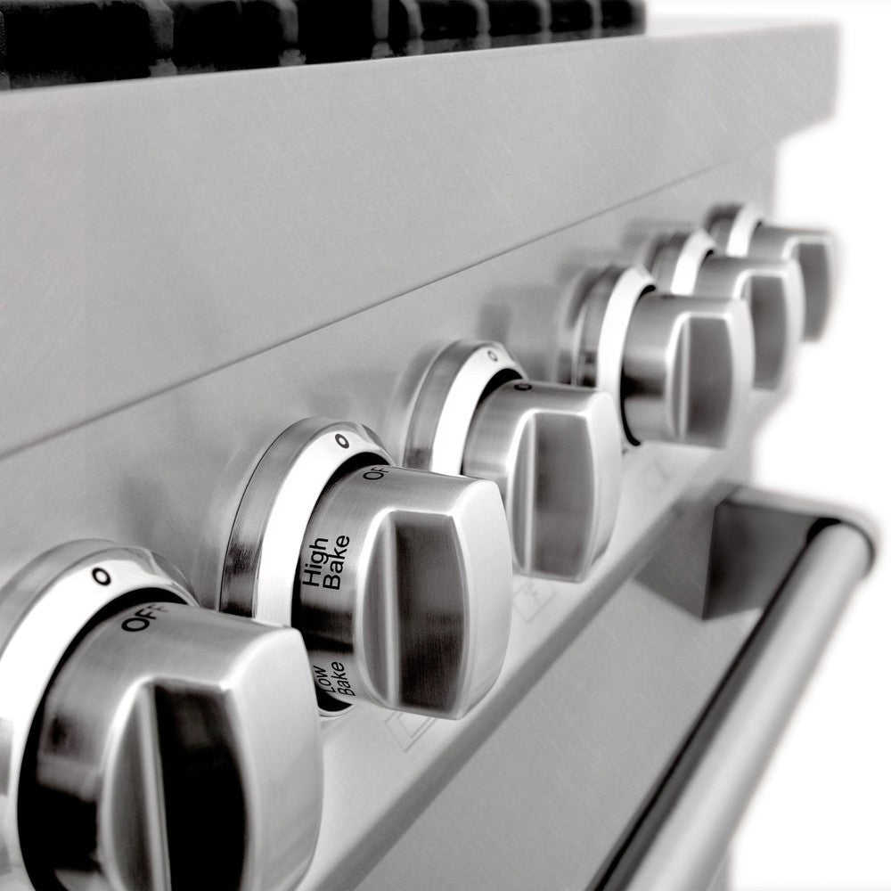 Stainless steel oven and cooktop knobs.