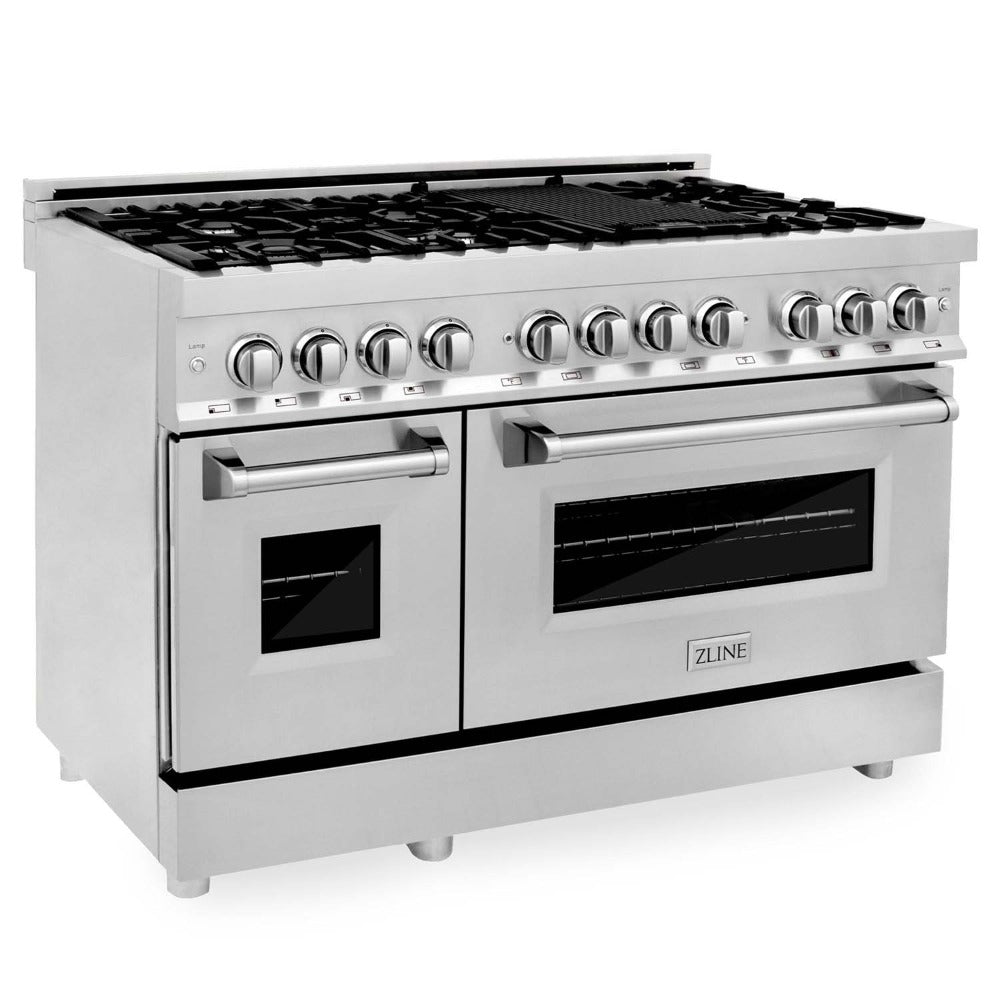 ZLINE 48 in. Professional Dual Fuel Range with Gas Stove and Electric Oven in Stainless Steel (RA48) side, ovens closed.