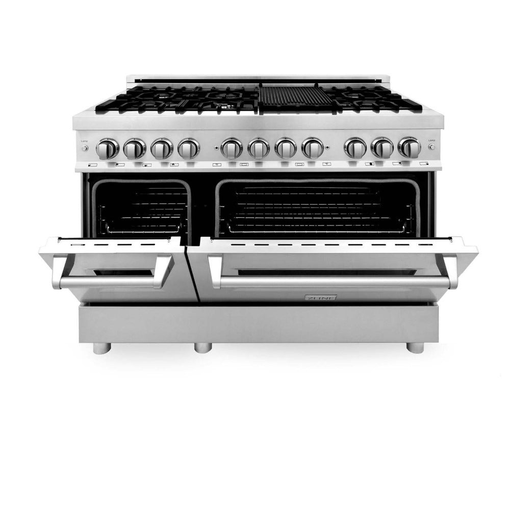 ZLINE 48 in. Professional Dual Fuel Range with Gas Stove and Electric Oven in Stainless Steel (RA48) front, ovens half open.