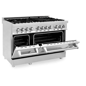 ZLINE 48 in. Professional Dual Fuel Range with Gas Stove and Electric Oven in Stainless Steel (RA48) side, ovens half open.