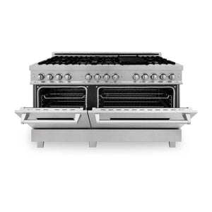 ZLINE 60 in. 7.4 cu. ft. Dual Fuel Range with Gas Stove and Electric Oven in Fingerprint Resistant Stainless Steel (RAS-SN-60) front, ovens half open.