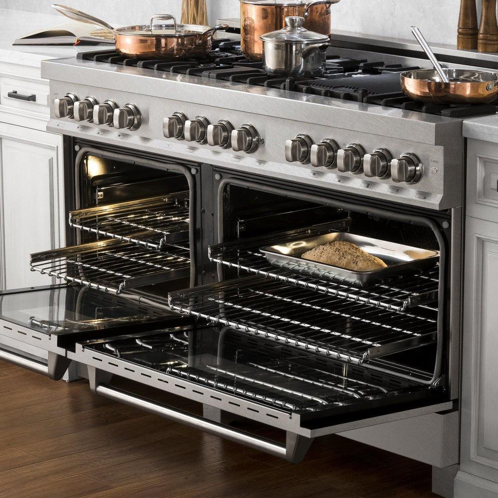 ZLINE 60 in. 7.4 cu. ft. Dual Fuel Range with Gas Stove and Electric Oven in Fingerprint Resistant Stainless Steel (RAS-SN-60) side, ovens open with food inside.