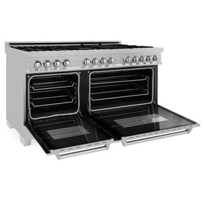 ZLINE 60 in. 7.4 cu. ft. Dual Fuel Range with Gas Stove and Electric Oven in Fingerprint Resistant Stainless Steel (RAS-SN-60) side, ovens open.