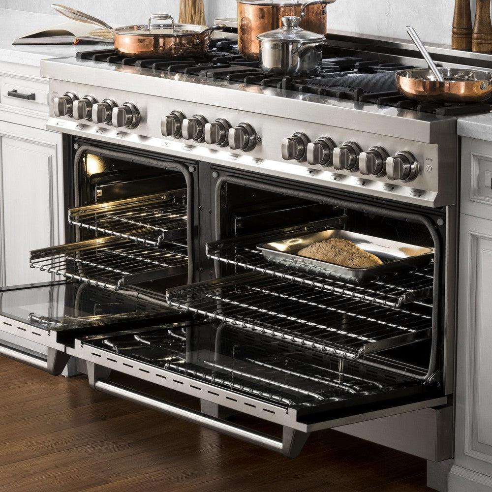 ZLINE 60 in. 7.4 cu. ft. Dual Fuel Range with Gas Stove and Electric Oven in Stainless Steel (RA60) in a kitchen with double ovens open.