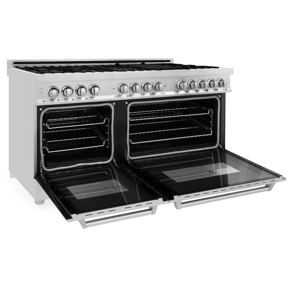 ZLINE 60 in. 7.4 cu. ft. Dual Fuel Range with Gas Stove and Electric Oven in Stainless Steel (RA60) side, double ovens open.