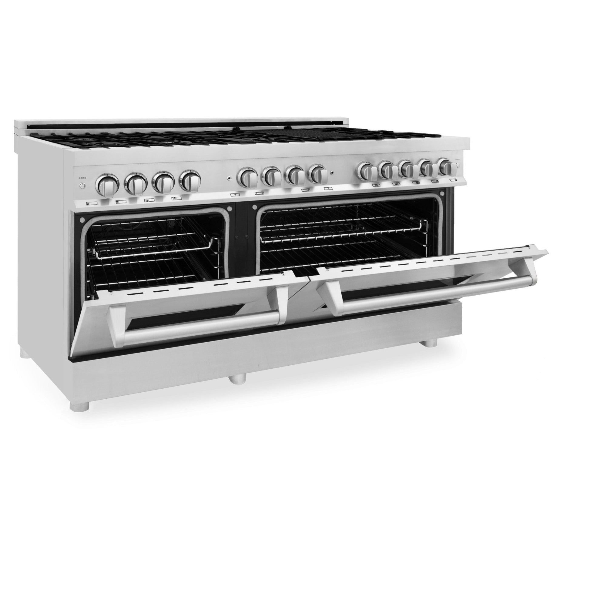 ZLINE 60 in. 7.4 cu. ft. Dual Fuel Range with Gas Stove and Electric Oven in Stainless Steel (RA60) side, double ovens half open.