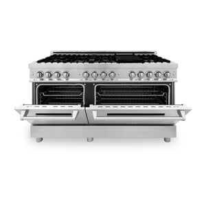 ZLINE 60 in. 7.4 cu. ft. Dual Fuel Range with Gas Stove and Electric Oven in Stainless Steel (RA60) front, double ovens half open.