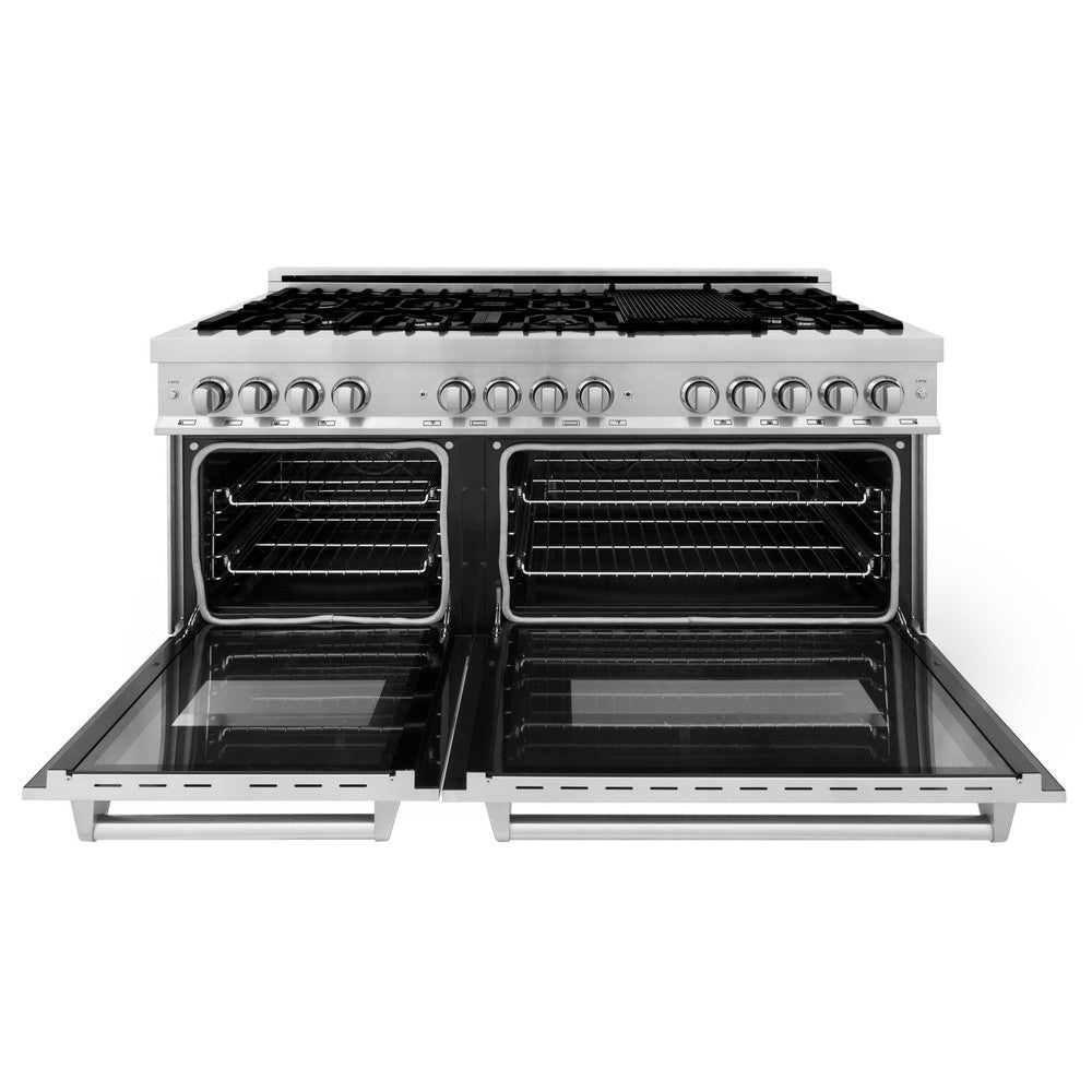 ZLINE 60 in. 7.4 cu. ft. Dual Fuel Range with Gas Stove and Electric Oven in Stainless Steel (RA60) front, double ovens open.