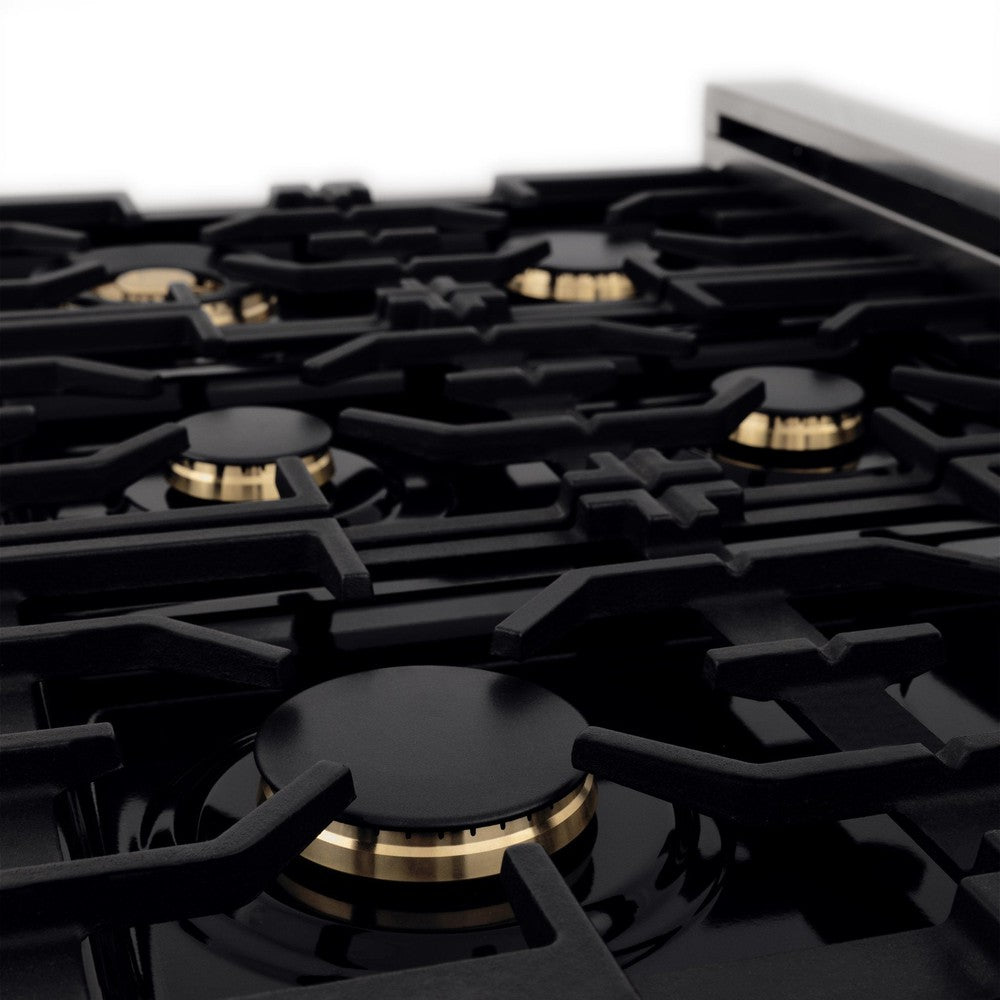 ZLINE Autograph Edition 30 in. 4.0 cu. ft. Dual Fuel Range with Gas Stove and Electric Oven in Fingerprint Resistant Stainless Steel with Polished Gold Accents (RASZ-SN-30-G) close-up, brass burners on black porcelain cooktop with grates.