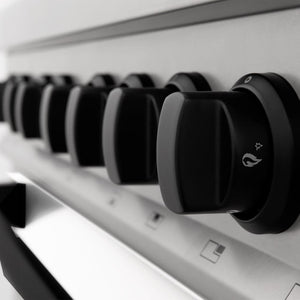 ZLINE Autograph Edition 30 in. 4.0 cu. ft. Legacy Dual Fuel Range with 4 Burner Gas Cooktop and Electric Convection Oven in Stainless Steel with White Matte Door and Matte Black Accents (RAZ-WM-30-MB) close-up, knobs.