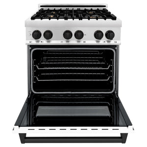 ZLINE Autograph Edition 30 in. 4.0 cu. ft. Legacy Dual Fuel Range with 4 Burner Gas Cooktop and Electric Convection Oven in Stainless Steel with White Matte Door and Matte Black Accents (RAZ-WM-30-MB) front, oven open.