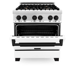 ZLINE Autograph Edition 30 in. 4.0 cu. ft. Legacy Dual Fuel Range with 4 Burner Gas Cooktop and Electric Convection Oven in Stainless Steel with White Matte Door and Matte Black Accents (RAZ-WM-30-MB) front, oven half open.