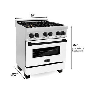 ZLINE Autograph Edition 30 in. 4.0 cu. ft. Legacy Dual Fuel Range with 4 Burner Gas Cooktop and Electric Convection Oven in Stainless Steel with White Matte Door and Matte Black Accents (RAZ-WM-30-MB) dimensional diagram.
