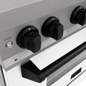 ZLINE Autograph Edition 30 in. 4.0 cu. ft. Legacy Dual Fuel Range with 4 Burner Gas Cooktop and Electric Convection Oven in Stainless Steel with White Matte Door and Matte Black Accents (RAZ-WM-30-MB) knobs close-up.