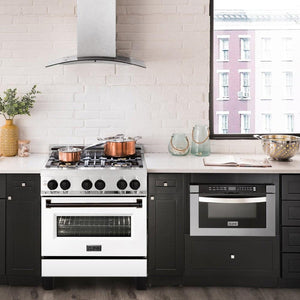 ZLINE Autograph Edition 30 in. 4.0 cu. ft. Legacy Dual Fuel Range with 4 Burner Gas Cooktop and Electric Convection Oven in Stainless Steel with White Matte Door and Matte Black Accents (RAZ-WM-30-MB) in a modern apartment kitchen, front.
