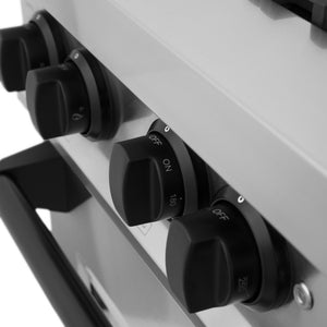 ZLINE Autograph Edition 36 in. 4.6 cu. ft. Legacy Dual Fuel Range with 6 Burner Gas Cooktop and Electric Convection Oven in Stainless Steel and Matte Black Accents (RAZ-36-MB) close-up, Matte Black knobs and handle.