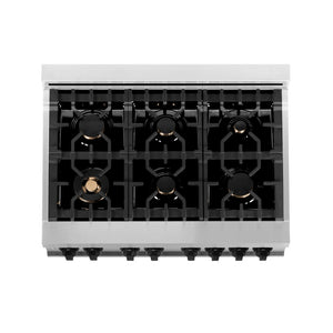 ZLINE Autograph Edition 36 in. 4.6 cu. ft. Legacy Dual Fuel Range with 6 Burner Gas Cooktop and Electric Convection Oven in Stainless Steel and Matte Black Accents (RAZ-36-MB) above 6-burner gas cooktop.