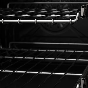 ZLINE Autograph Edition 36 in. 4.6 cu. ft. Legacy Dual Fuel Range with 6 Burner Gas Cooktop and Electric Convection Oven in Stainless Steel and Polished Gold Accents (RAZ-36-G) close-up, adjustable racks inside oven.