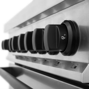 ZLINE Autograph Edition 36 in. 4.6 cu. ft. Legacy Dual Fuel Range with 6 Burner Gas Cooktop and Electric Convection Oven in Stainless Steel and Matte Black Accents (RAZ-36-MB) close-up, Matte Black flame knob.