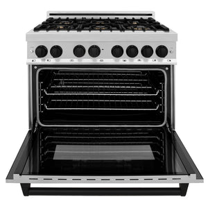 ZLINE Autograph Edition 36 in. 4.6 cu. ft. Legacy Dual Fuel Range with 6 Burner Gas Cooktop and Electric Convection Oven in Stainless Steel and Matte Black Accents (RAZ-36-MB) front, oven open.