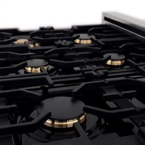 ZLINE Autograph Edition 36 in. 4.6 cu. ft. Legacy Dual Fuel Range with 6 Burner Gas Cooktop and Electric Convection Oven in Stainless Steel and Matte Black Accents (RAZ-36-MB) brass burners and cast-iron rates from side.