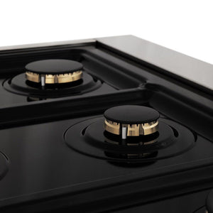 ZLINE Autograph Edition 36 in. 4.6 cu. ft. Legacy Dual Fuel Range with 6 Burner Gas Cooktop and Electric Convection Oven in Stainless Steel and Matte Black Accents (RAZ-36-MB) close-up, two brass burners on black porcelain cooktop.