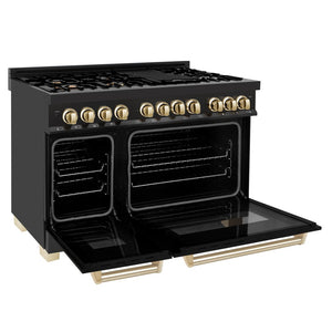 ZLINE Autograph Edition 48 in. 6.0 cu. ft. Legacy Dual Fuel Range with 7 Burner Gas Cooktop and 2 Electric Ovens in Black Stainless Steel and Polished Gold Accents (RABZ-48-G) side, oven open.