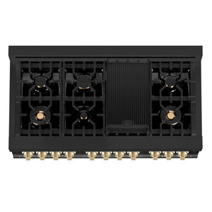 ZLINE Autograph Edition 48 in. 6.0 cu. ft. Legacy Dual Fuel Range with 7 Burner Gas Cooktop and 2 Electric Ovens in Black Stainless Steel and Polished Gold Accents (RABZ-48-G) top-down, above cooktop.