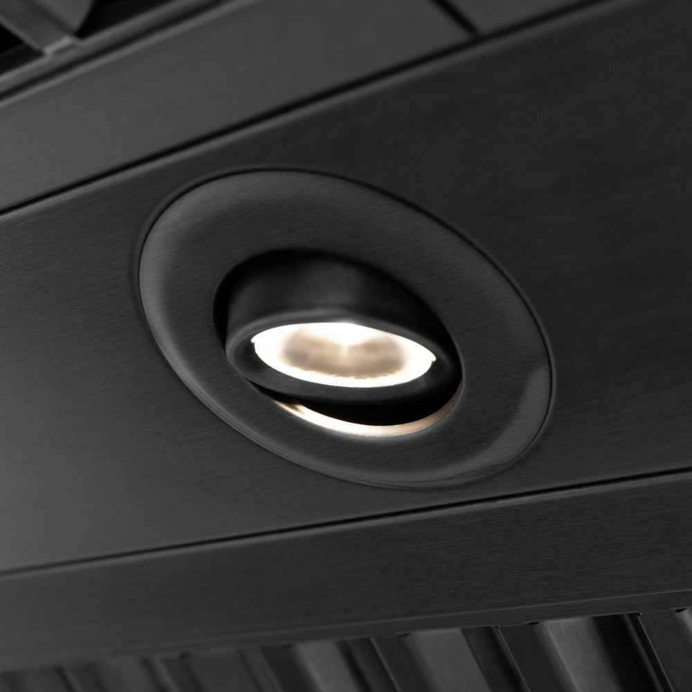 Built-in directional LED lighting on ZLINE black stainless steel range hood.