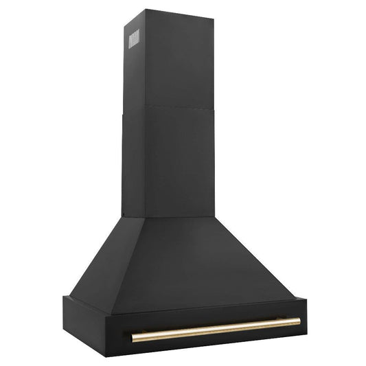 ZLINE Autograph Edition 30 in. Black Stainless Steel Range Hood with Accent Handle (BS655Z-30) Polished Gold, side.