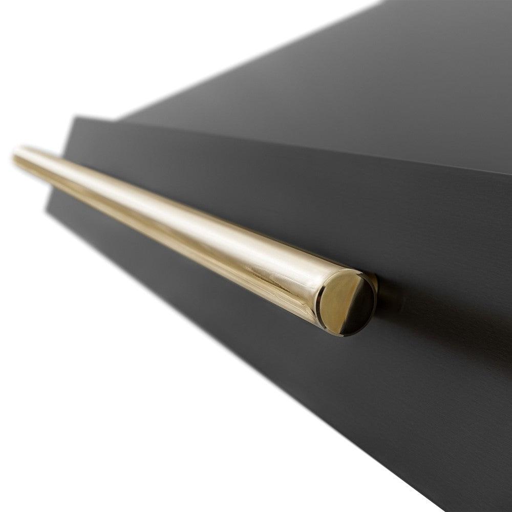 ZLINE Autograph Edition 36 in. Black Stainless Steel Range Hood with Polished Gold Handle (BS655Z-36-G) close-up, Polished Gold Handle.