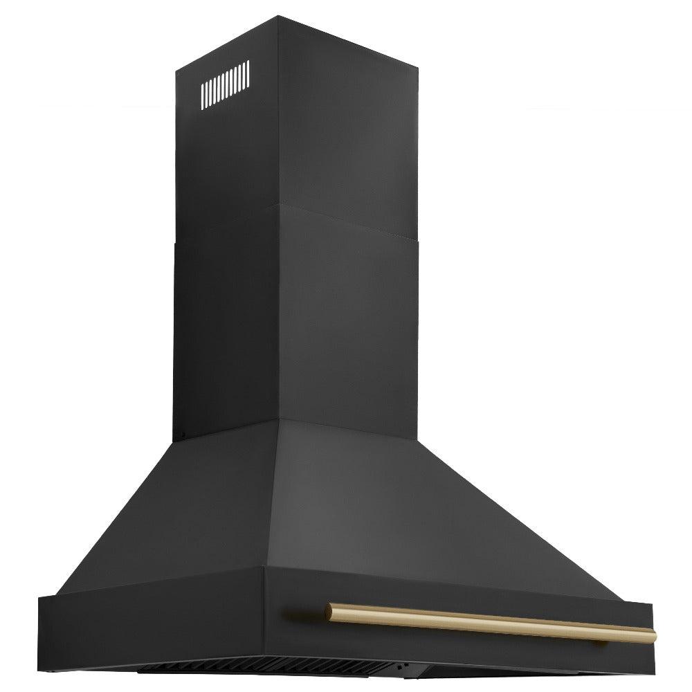 ZLINE Autograph Edition 36 in. Black Stainless Steel Range Hood with Polished Gold Handle (BS655Z-36-G) side.