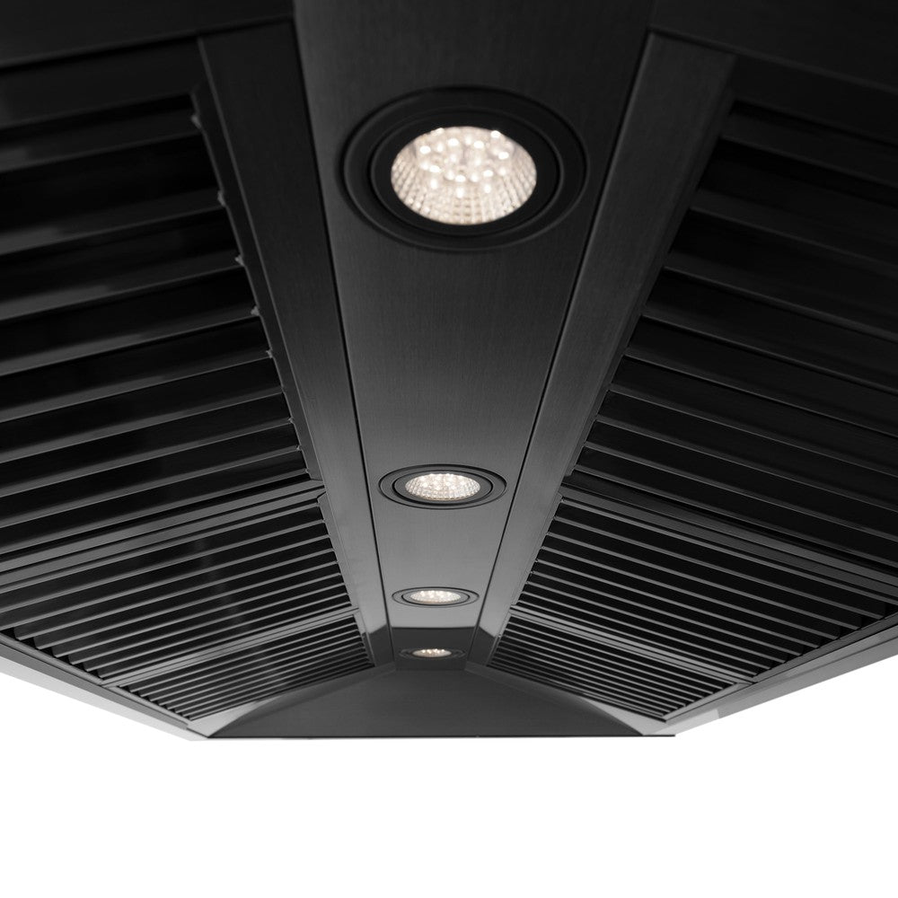 ZLINE Autograph Edition 48 in. Black Stainless Steel Range Hood with Champagne Bronze Handle (BS655Z-48-CB) baffle filters and LED lighting.